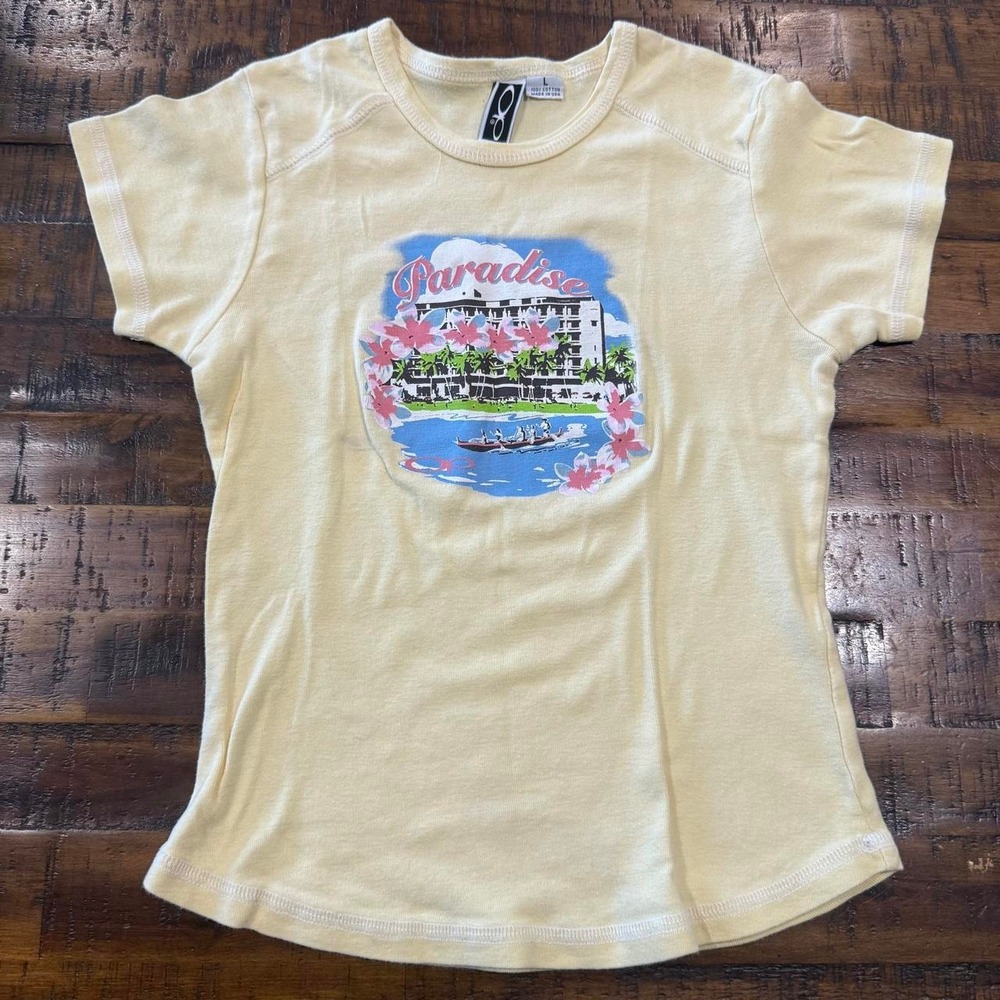 Vintage Ocean Pacific OP Paradise Graphic Tee Yellow Y2K Surf Baby Tee Youth L